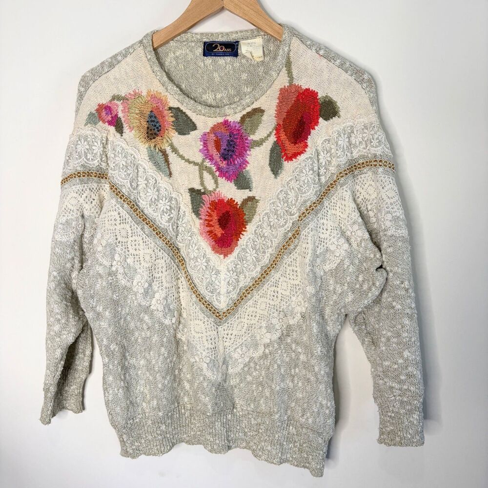 Vintage 20Ans Marea Kim Sweater Lace Floral Embroidered Textured Grandmacore M